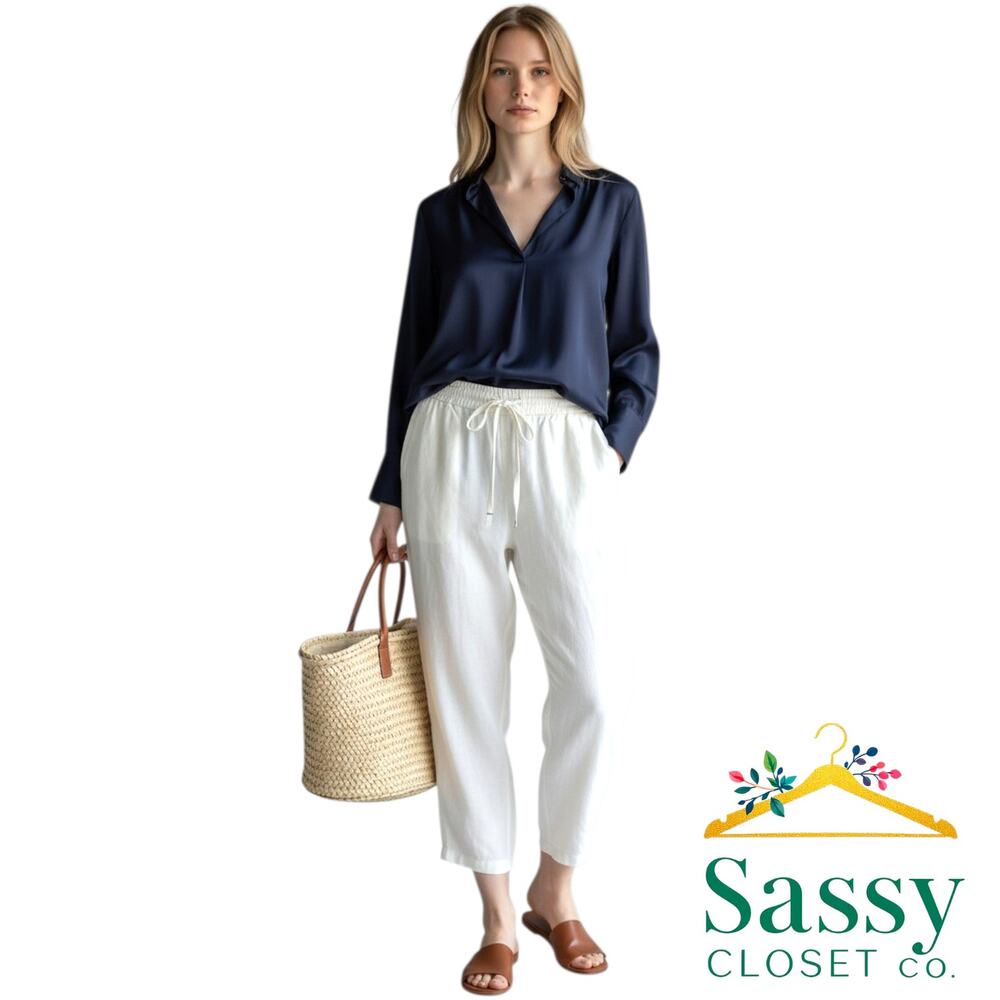 J.Crew White Linen Cotton Crop Pants 8 Drawstring Cuffed Trousers H5607